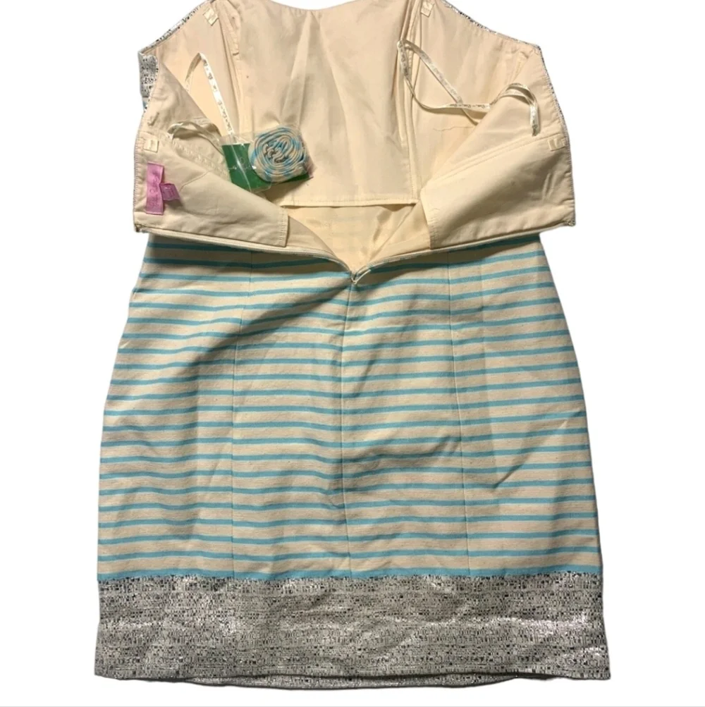 Lilly Pulitzer Dress Remi Strapless Bayview Stripe Blue Cream Metallic Size 4 - Picture 5 of 12